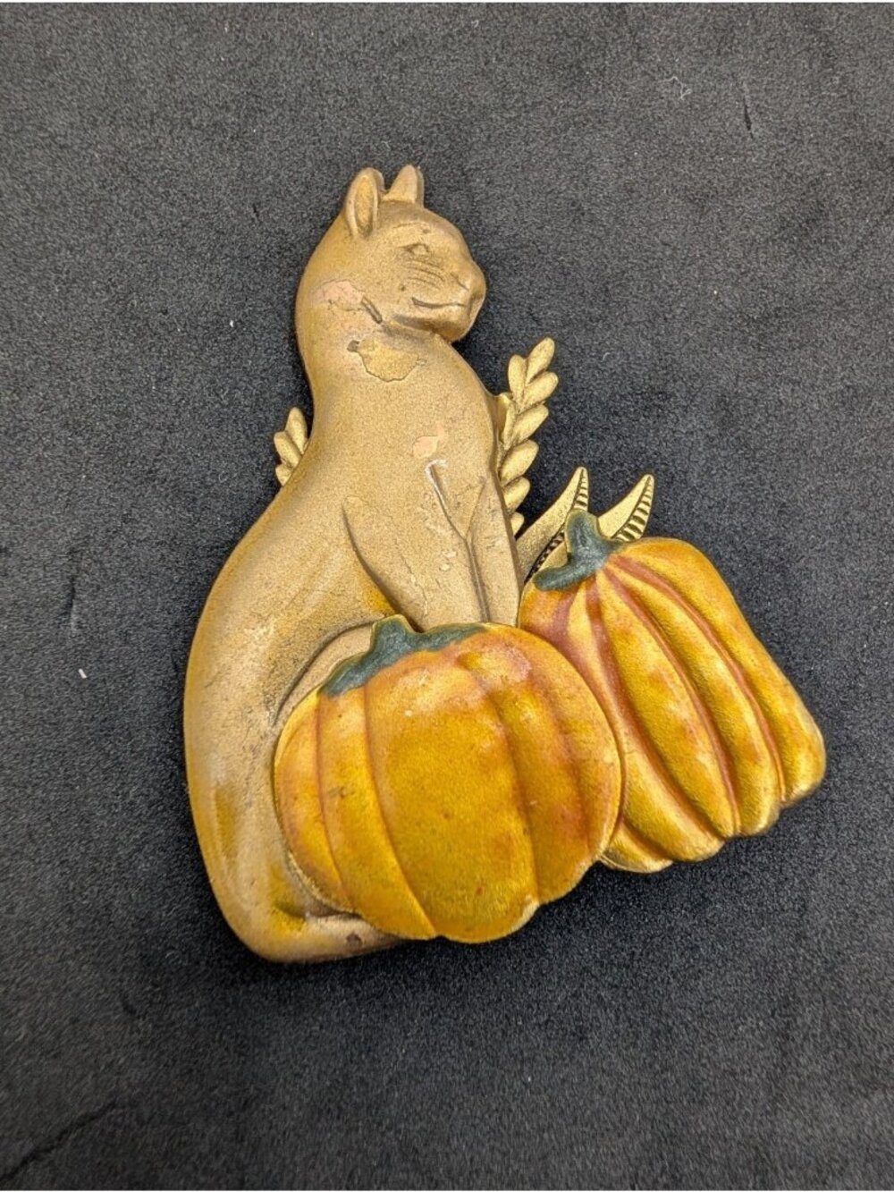 Vintage Brooch Pin Cat with pumpkins Mixed tone Copper Pumpkin Jewelry 2.4"